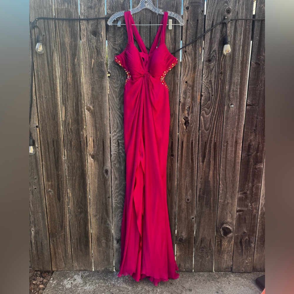 La Femme Hot Pink Jeweled Cutout Open Back Prom Formal Gown, long v neck size 10